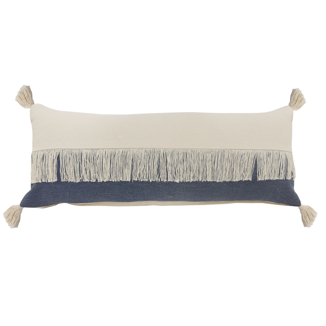Laddha Home Designs 36" Blue and White Fringe Color Block Lumbar Throw Pillow